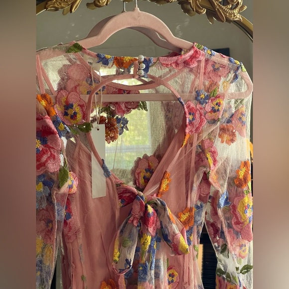For Love & Lemons NWT Pink Percy Mini Sheer Dress with Appliqué Flowers Boho - Picture 7 of 14